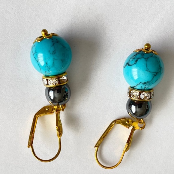 Set of Natural Turquoise Hematite Gemstones Necklace Bracelet Earrings - Picture 2 of 8